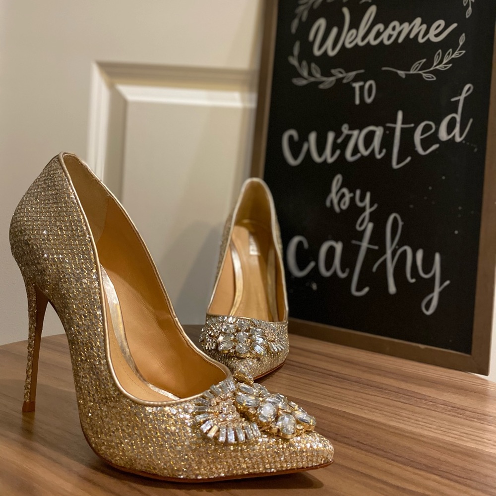 SCHUTZ Eliss Gold/Silver Glitter and Embellished Prom Wedding Heels 7.5